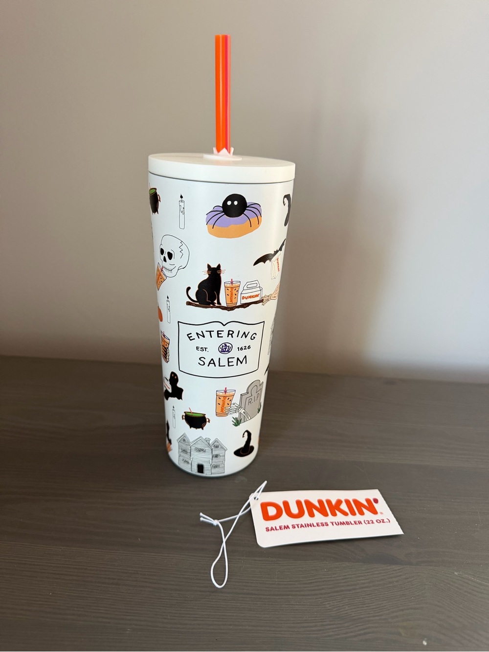Salem Halloween White Stainless Tumbler with Orange Straw